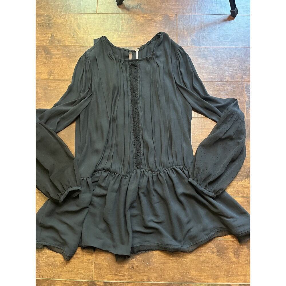 Free People Soul Serene Top Size M Black Sheer Accents Blouse Peasant Boho - Picture 6 of 10